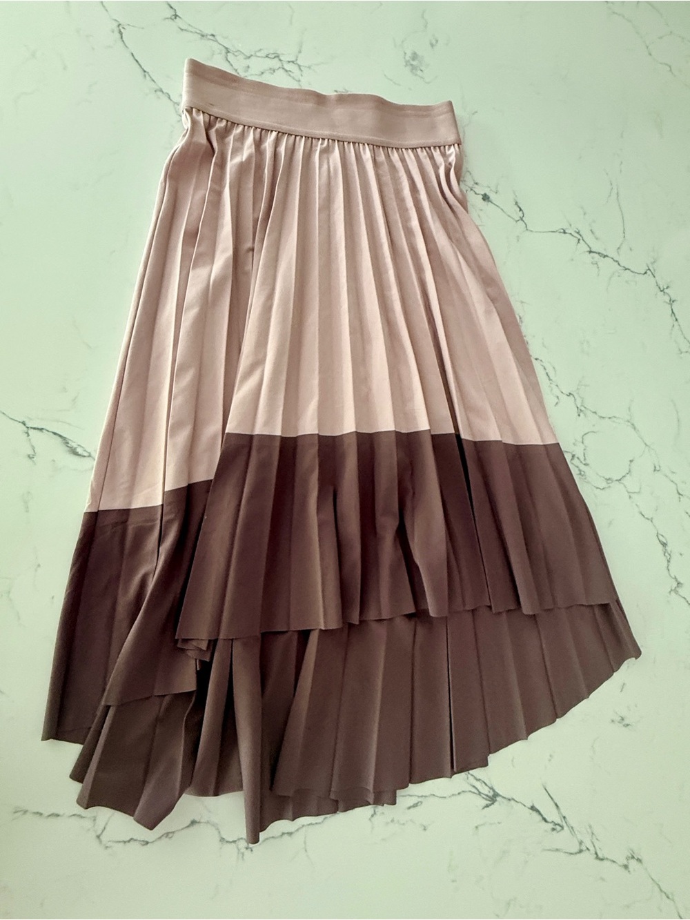 Athleta Unique Two-Tone Pleated High-Low Skirt in Blush and Burgandy